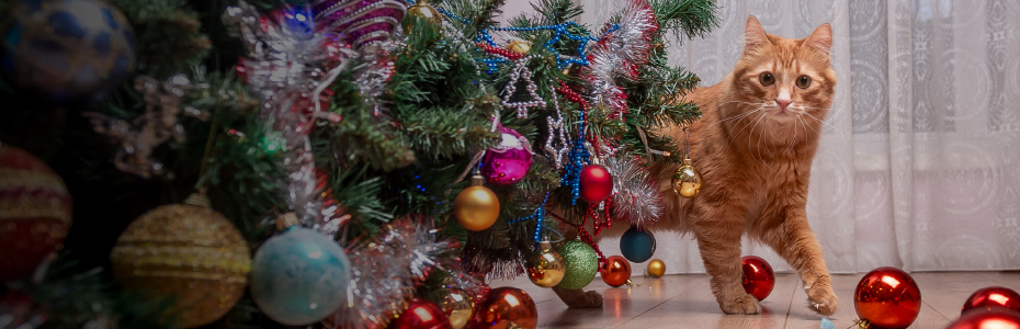 guilty looking cat peering around a christmas tree with christmas balls on floor