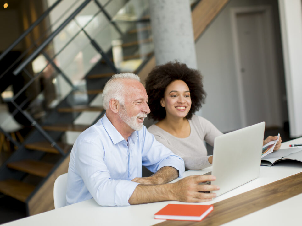 Senior businessman and young businesswoman working together in office