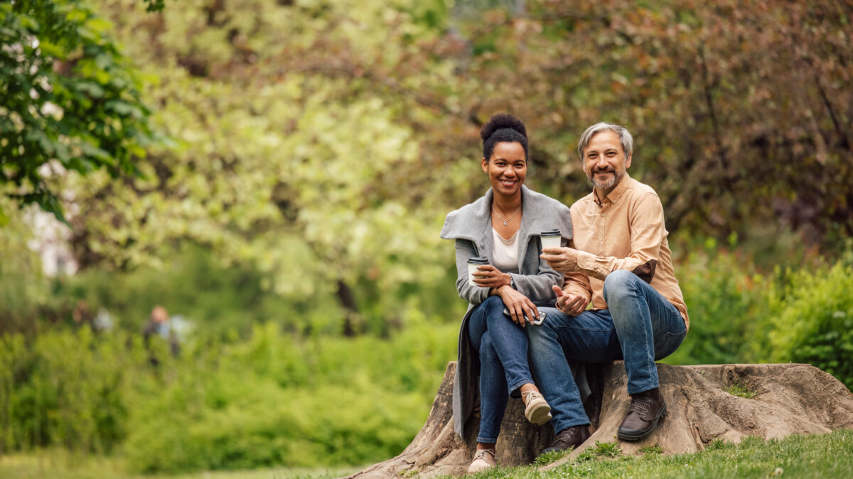 Portrait of beautiful adult couple, married people, enjoying outside.