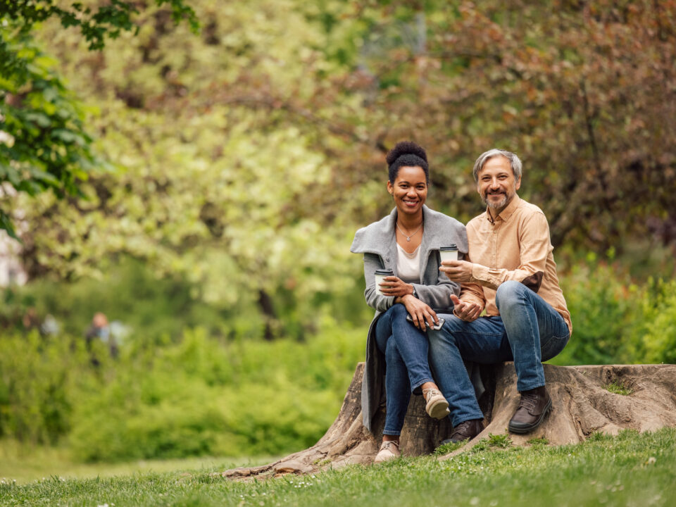 Portrait of beautiful adult couple, married people, enjoying outside.