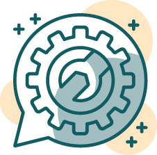 Icon of a gear with a wrench inside, encircled by a speech bubble motif. Beige circles and dark plus signs add a tech and service theme.