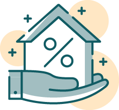 Illustration of a hand holding a house with a percentage symbol, surrounded by circles and plus signs. Represents real estate investment or mortgage rates.