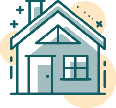 Stylized illustration of a house with a chimney, single window, and door. The house is in teal and white, set against a beige abstract background.